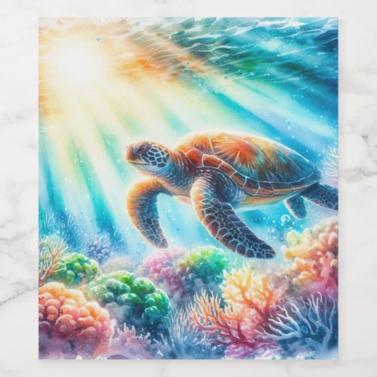 Onder de oceaan zee schildpad wijn etiket (Enkel label)