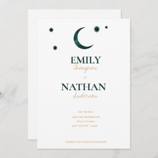 Onder de Stars Green Moon Chic Typography Wedding Save The Date