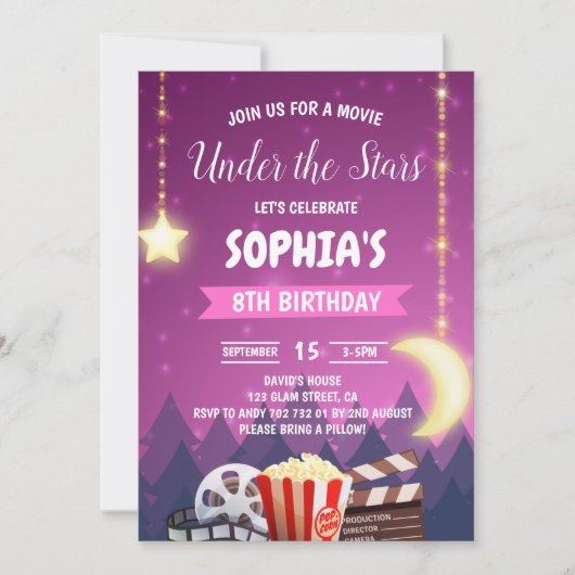 Onder de Stars Movie Night Girl Birthday Party Kaart (Voorkant)