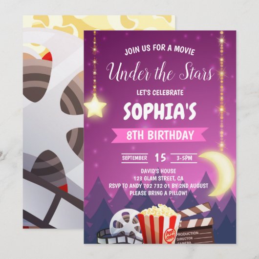 Onder de Stars Movie Night Girl Birthday Party Kaart (Voorkant / Achterkant)