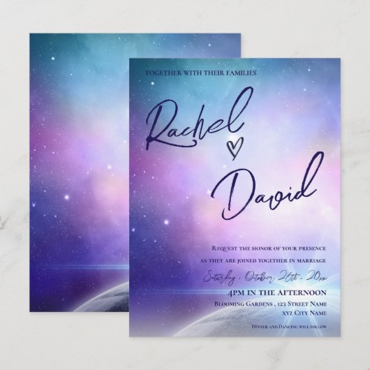 Onder de Stars Paarse roze Typografie Wedding Briefkaart (Voorkant / Achterkant)