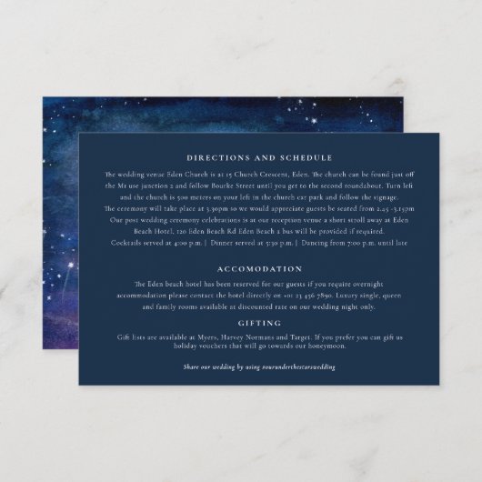 Onder de sterren art blauw paarse bruiloft details informatiekaartje (Voorkant / Achterkant)