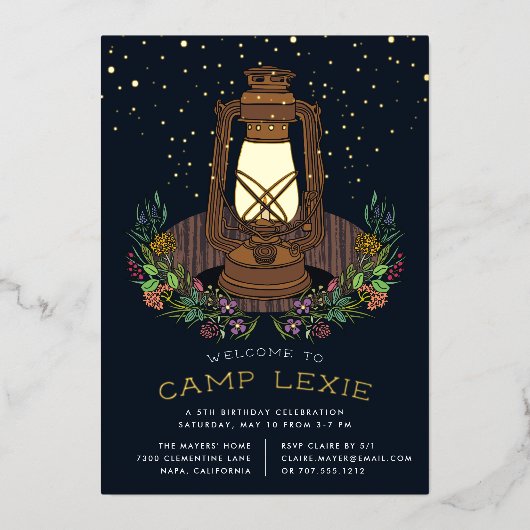 Onder de sterren | Camping Birthday Party Folie Uitnodiging (Voorkant)