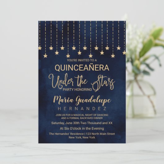 Onder de sterren Navy Blue Gold Sparkle Quinceañer Kaart (Staand voorkant)