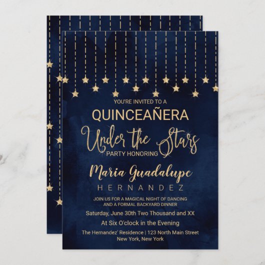 Onder de sterren Navy Blue Gold Sparkle Quinceañer Kaart (Voorkant / Achterkant)