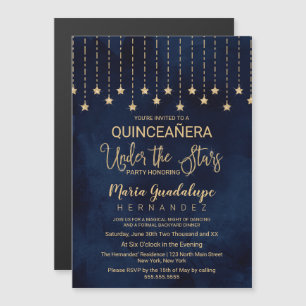Onder de sterren Navy Blue Gold Sparkle Quinceañer Magnetische Uitnodiging