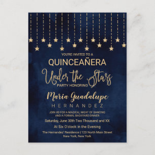 Onder de sterren Navy Blue Gold Sparkle Quinceañer Uitnodiging Briefkaart