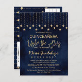 Onder de sterren Navy Blue Gold Sparkle Quinceañer Uitnodiging Briefkaart (Voorkant / Achterkant)