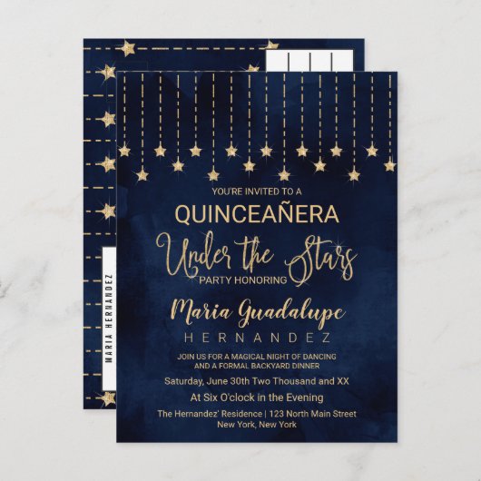 Onder de sterren Navy Blue Gold Sparkle Quinceañer Uitnodiging Briefkaart (Voorkant / Achterkant)