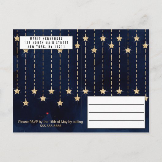 Onder de sterren Navy Blue Gold Sparkle Quinceañer Uitnodiging Briefkaart (Achterkant)