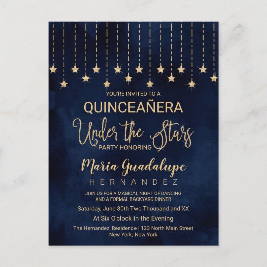 Onder de sterren Navy Blue Gold Sparkle Quinceañer Uitnodiging Briefkaart (Voorkant)