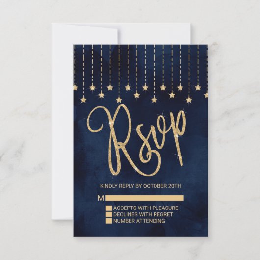 Onder de sterren Navy Blue Gold Sparkle RSVP Kaartje (Voorkant)