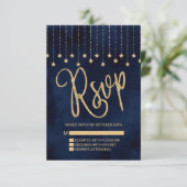 Onder de sterren Navy Blue Gold Sparkle RSVP Kaartje (Staand voorkant)