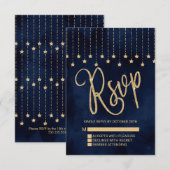 Onder de sterren Navy Blue Gold Sparkle RSVP Kaartje (Voorkant / Achterkant)