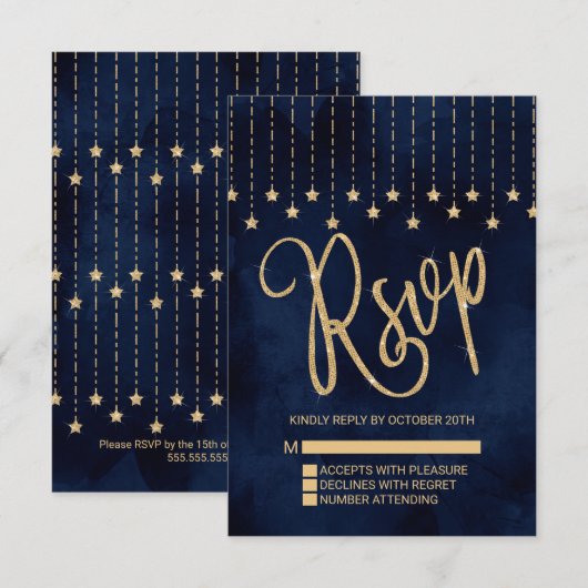 Onder de sterren Navy Blue Gold Sparkle RSVP Kaartje (Voorkant / Achterkant)