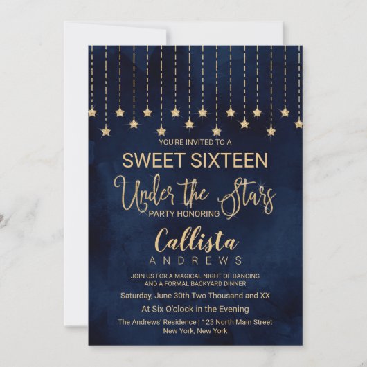 Onder de sterren Navy Blue Gold Sparkles Sweet 16 Kaart (Voorkant)