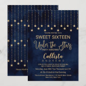 Onder de sterren Navy Blue Gold Sparkles Sweet 16 Kaart (Voorkant / Achterkant)