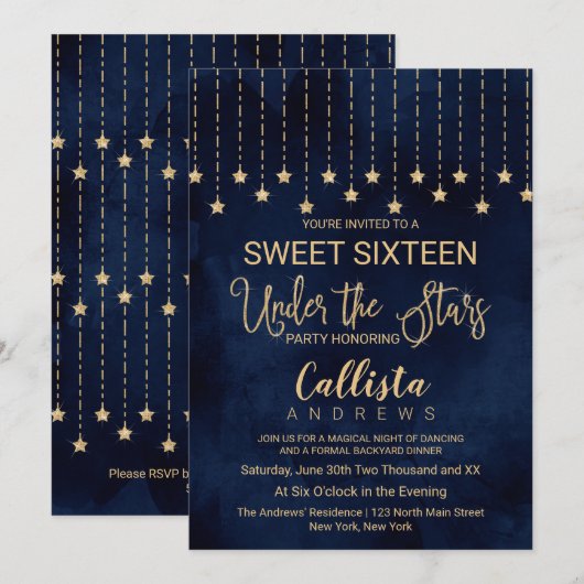Onder de sterren Navy Blue Gold Sparkles Sweet 16 Kaart (Voorkant / Achterkant)