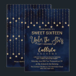 Onder de sterren Navy Blue Gold Sparkles Sweet 16 Kaart<br><div class="desc">Deze elegante en chique, "Under the Stars" typografie Sweet Sixteen verjaardagsfeestje uitnodiging is het perfecte ontwerp voor een prachtig buitenfeest. De uitnodiging is geschreven voor een dans- en dinerfeest, maar de formulering kan worden gewijzigd om een buitenfilm, barbecue of kampeerfeest of een ander type buitenfeest te beschrijven. Het beschikt over...</div>