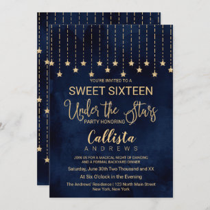 Onder de sterren Navy Blue Gold Sparkles Sweet 16 Kaart