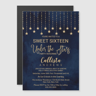 Onder de sterren Navy Blue Gold Sparkles Sweet 16 Magnetische Uitnodiging