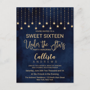 Onder de sterren Navy Blue Gold Sparkles Sweet 16 Uitnodiging Briefkaart