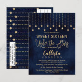Onder de sterren Navyblauw Gouden glitters Sweet 1 Uitnodiging Briefkaart (Voorkant / Achterkant)