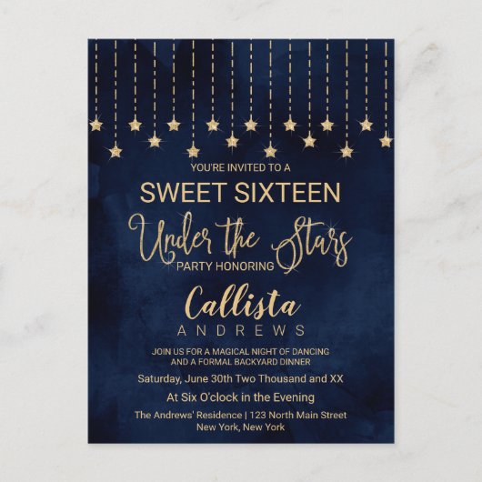 Onder de sterren Navyblauw Gouden glitters Sweet 1 Uitnodiging Briefkaart (Voorkant)