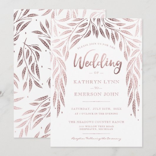 Onder de Willows Wedding Invitation Roos Gold Kaart (Voorkant / Achterkant)