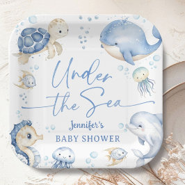 Onder De Zee Baby Shower Jongen Stof Blauw Papieren Bordje