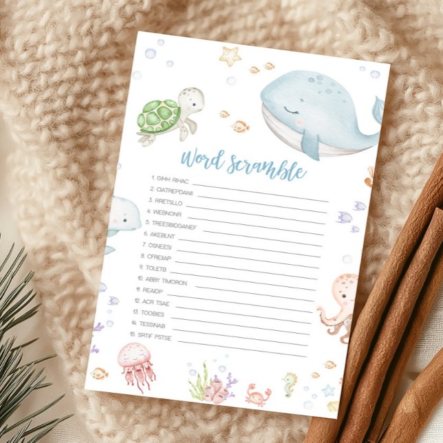 Onder De Zee Baby Shower Woordzoekspel (Sea Creatures Ocean Baby Shower Word Scramble Game)