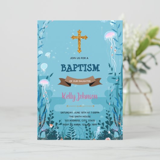 Onder de zee baptism party Invitation Kaart (Staand voorkant)