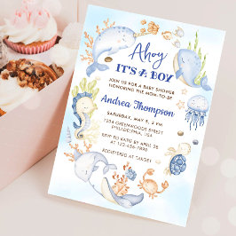 Onder de zee blauw ahoy het is een jongen baby sho kaart