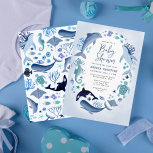 Onder de zee blauw aquarel baby shower voor jongen kaart