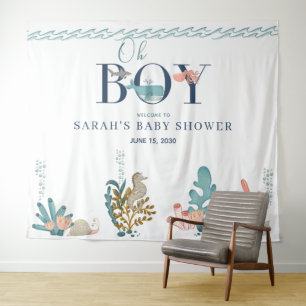 Onder de Zee Blauw Aquarel Oh Jongen Baby Shower T Wandkleed
