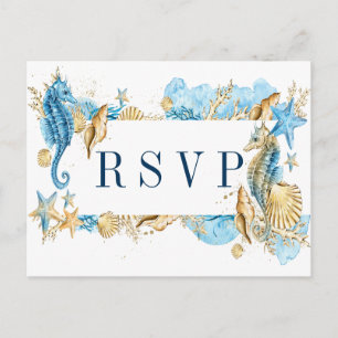 Onder de Zee Blauw en Goud Zomer Bruiloft RSVP Uitnodiging Briefkaart