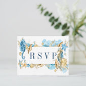 Onder de zee Blauw en Goud Zomer Bruiloft RSVP Uitnodiging Briefkaart (Staand voorkant)