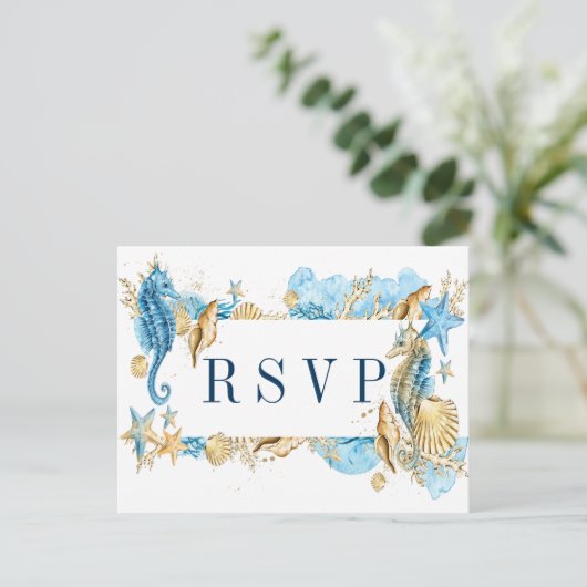 Onder de zee Blauw en Goud Zomer Bruiloft RSVP Uitnodiging Briefkaart (Staand voorkant)