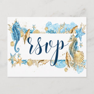 Onder de Zee Blauw Goud Witte Zomer Bruiloft RSVP Uitnodiging Briefkaart