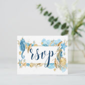 Onder de zee Blauw Goud Witte Zomer Bruiloft RSVP Uitnodiging Briefkaart (Staand voorkant)