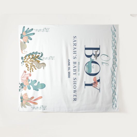 Onder de Zee Blauw Waterverf Oh Jongen Babyfeestje Wandkleed (Voorkant (horizontaal))