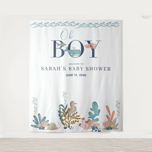 Onder de Zee Blauw Waterverf Oh Jongen Babyfeestje Wandkleed (Voorkant)