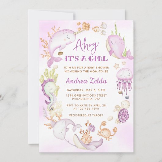 Onder de zee Blauwe Ahoy Het is een meisje Baby Sh Kaart (Voorkant)