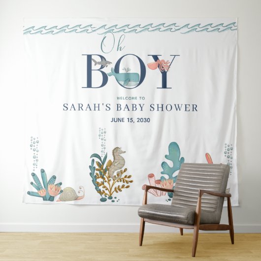 Onder de zee blauwe aquarel Oh jongen baby shower  Wandkleed (In Situ (horizontaal))