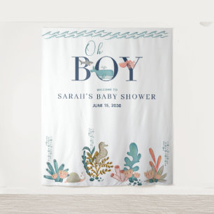 Onder de Zee Blauwe Aquarel Oh Jongen Baby Shower Wandkleed