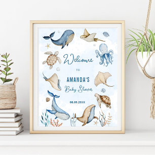 Onder de zee blauwe baby shower welkom  poster