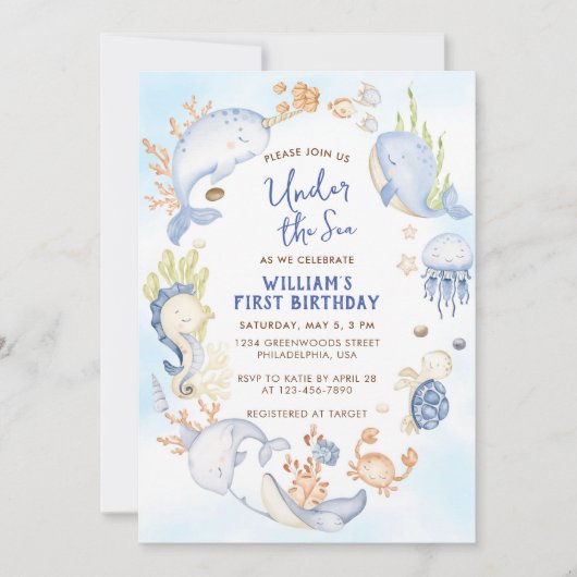 Onder de zee blauwe jongen eerste verjaardagsfeest kaart (Voorkant)