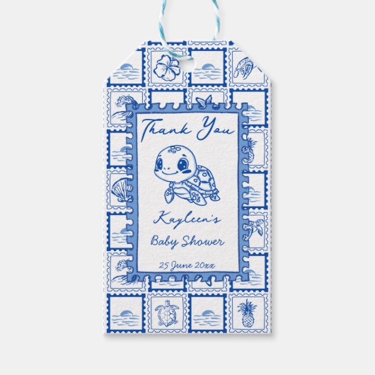 Onder de zee blauwe liefdevolle schildpad baby sho cadeaulabel (Voorkant)