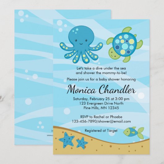 Onder de Zee Blue Baby shower Invitation Card Kaart (Voorkant / Achterkant)