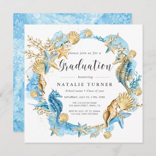 Onder de Zee Blue Gold Afstuderen Invitation Kaart (Voorkant / Achterkant)
